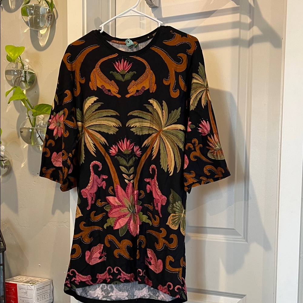 FARM Rio Black Mini Dress with Pink, Green and Gold Tropical Print
